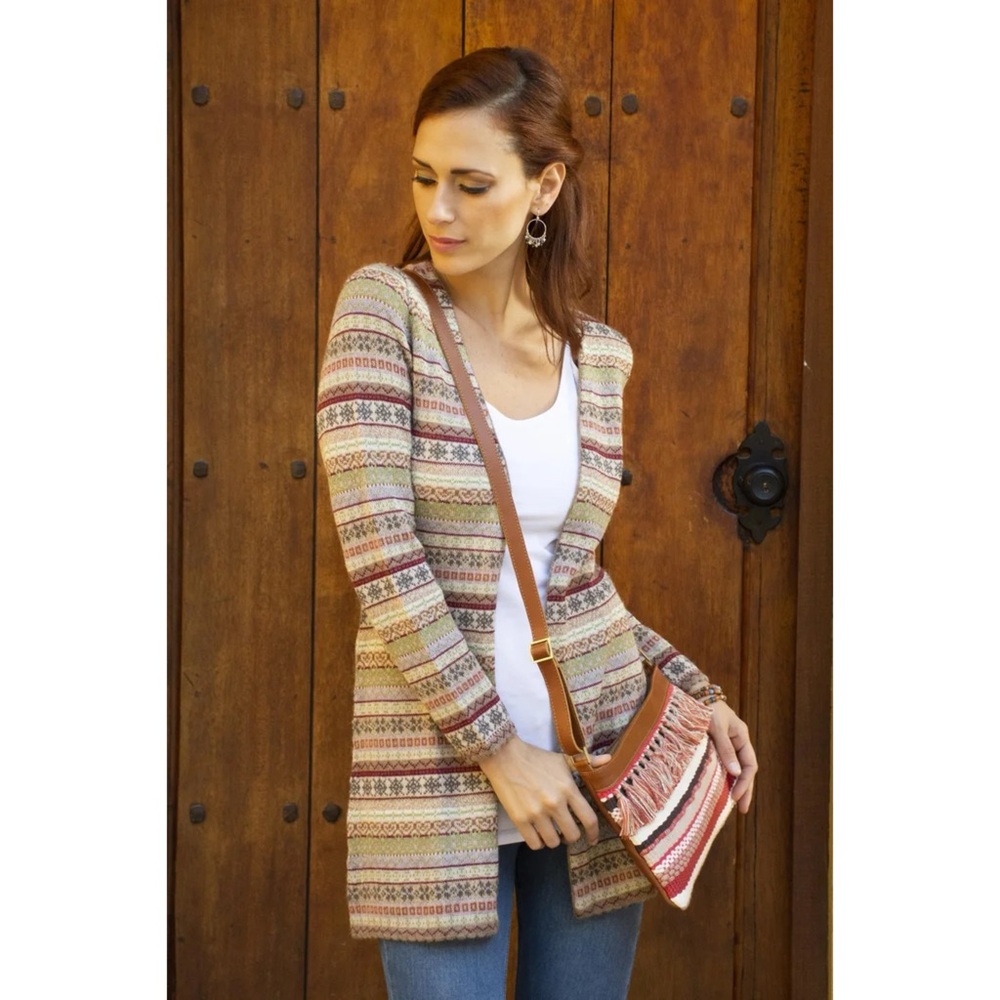 Novica Earth Tone Patterned Striped 100% Alpaca Knit Cardigan - Size Medium
